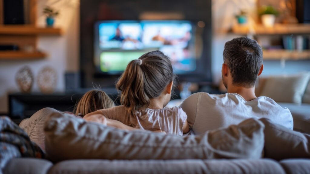 Family enjoying movie night at home together